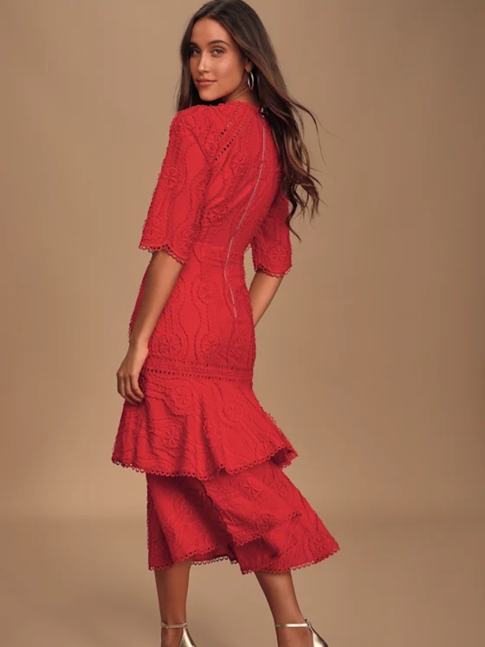 Lulu’s By The Vineyard Red Embroidered Lace Ruffle Midi Dress NWT Medium - Picture 8 of 8